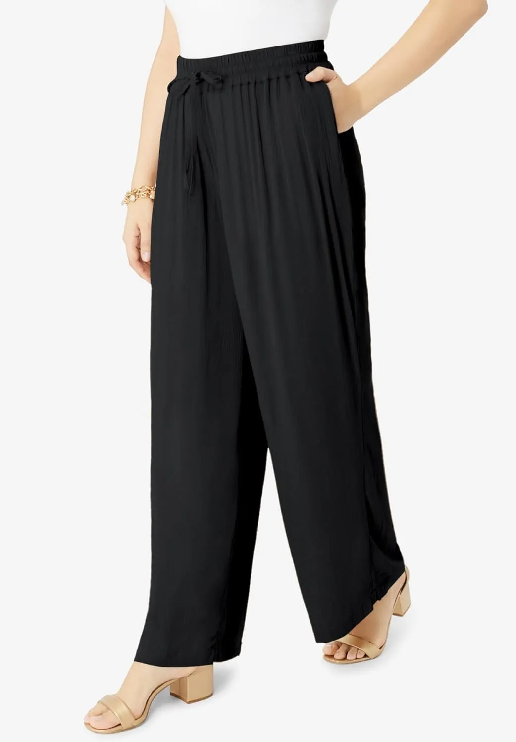 Roaman's Women's Plus Size Crinkle Wide-Leg Pant