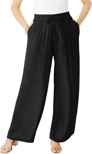 Roaman's Women's Plus Size Crinkle Wide-Leg Pant