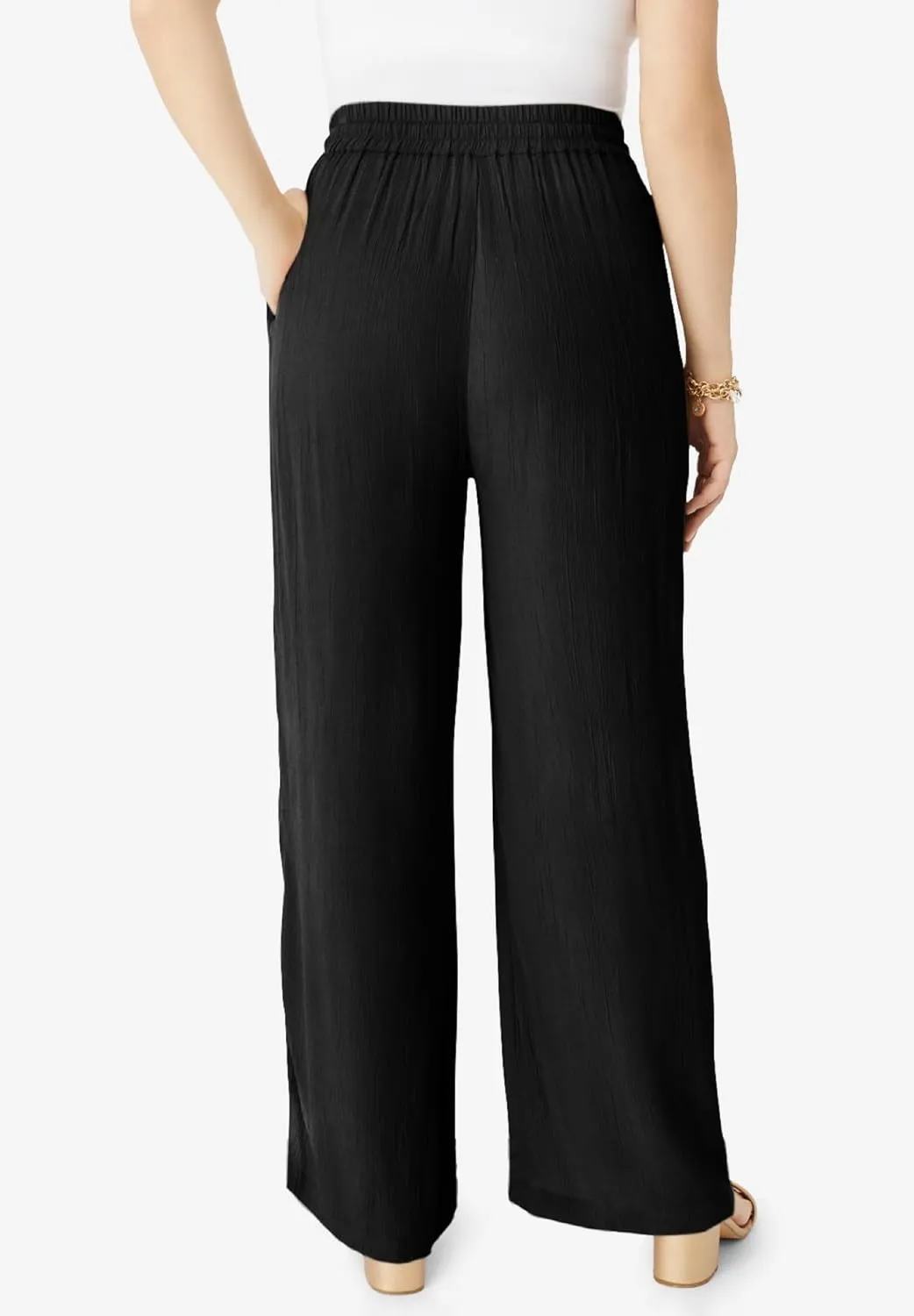 Roaman's Women's Plus Size Crinkle Wide-Leg Pant