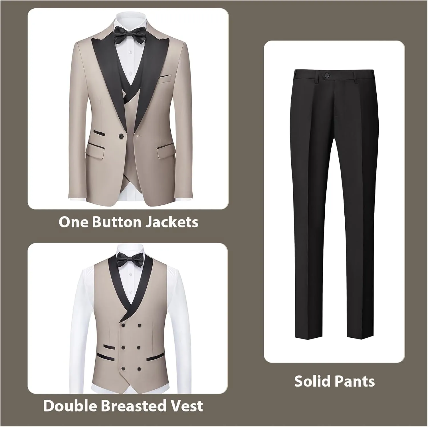 Rogers & Morris Tuxedo Suits for Men Solid 3 Piece Slim FitFormal Set Peak Lapels One Button Jacket Vest Pants