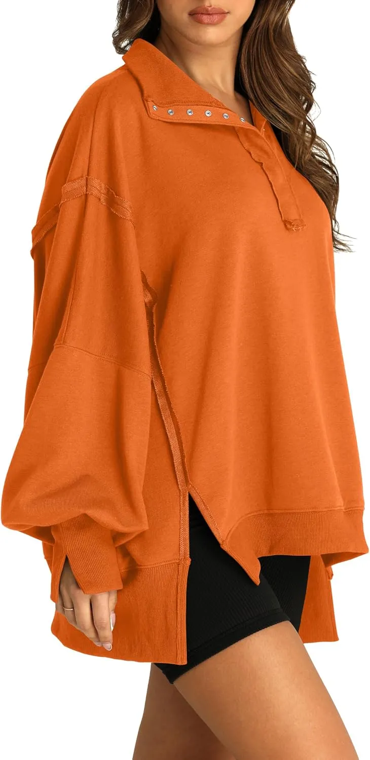 RUBZOOF Oversized Sweatshirt for Women Trendy Button Henley Neck Pullover Long Sleeve Tops Casual Fall Clothes XS-XL