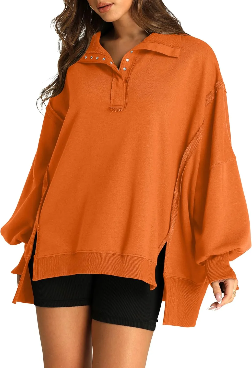 RUBZOOF Oversized Sweatshirt for Women Trendy Button Henley Neck Pullover Long Sleeve Tops Casual Fall Clothes XS-XL