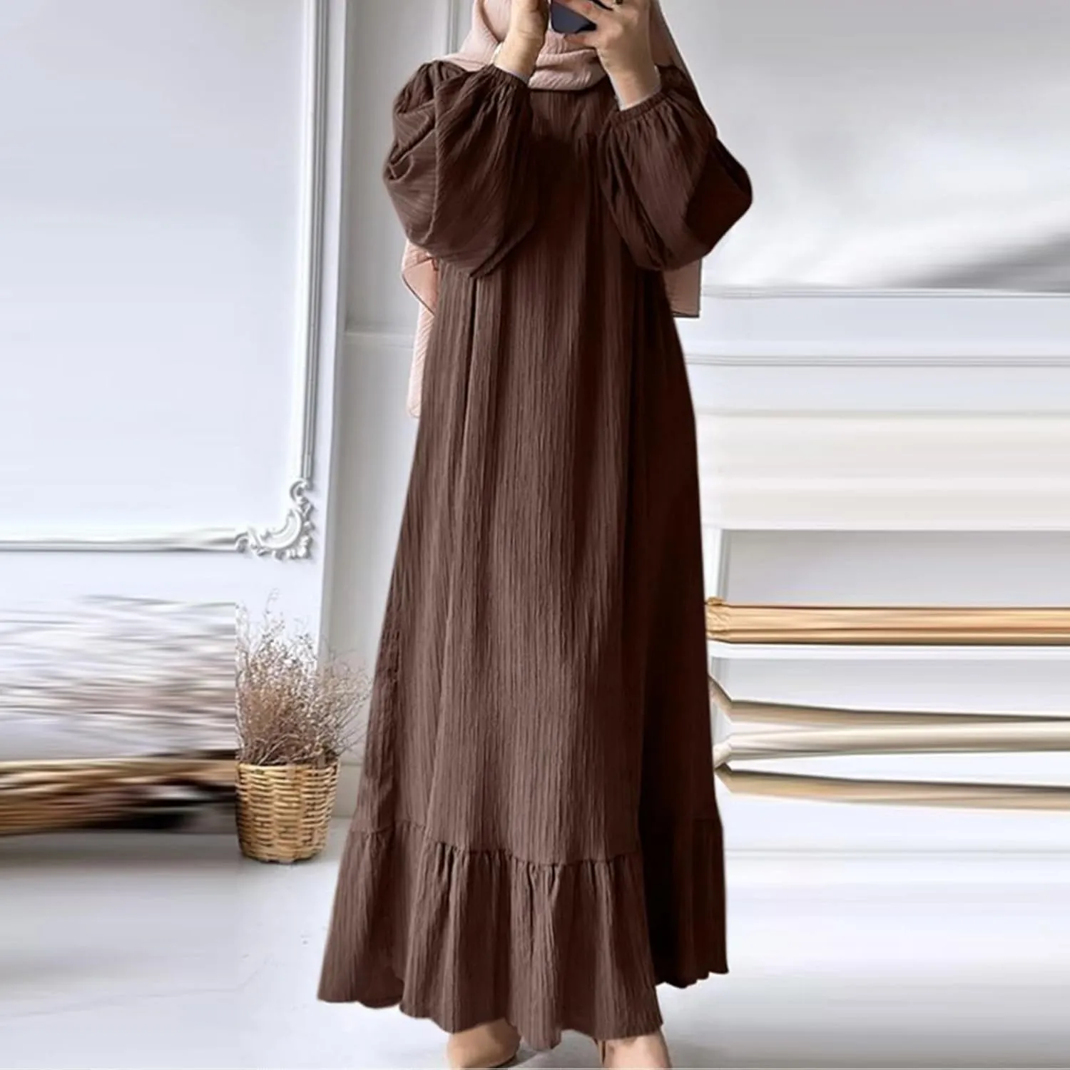 Ruffle Hem Muslim Abaya Women Plus Size Crewneck Long Sleeve Maxi Dress Arabian Dubai Islamic Robe Without Headscarf