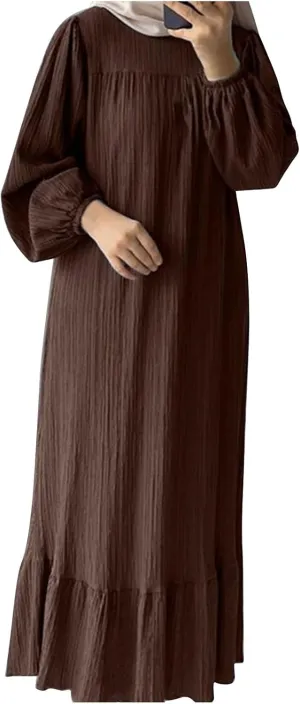 Ruffle Hem Muslim Abaya Women Plus Size Crewneck Long Sleeve Maxi Dress Arabian Dubai Islamic Robe Without Headscarf