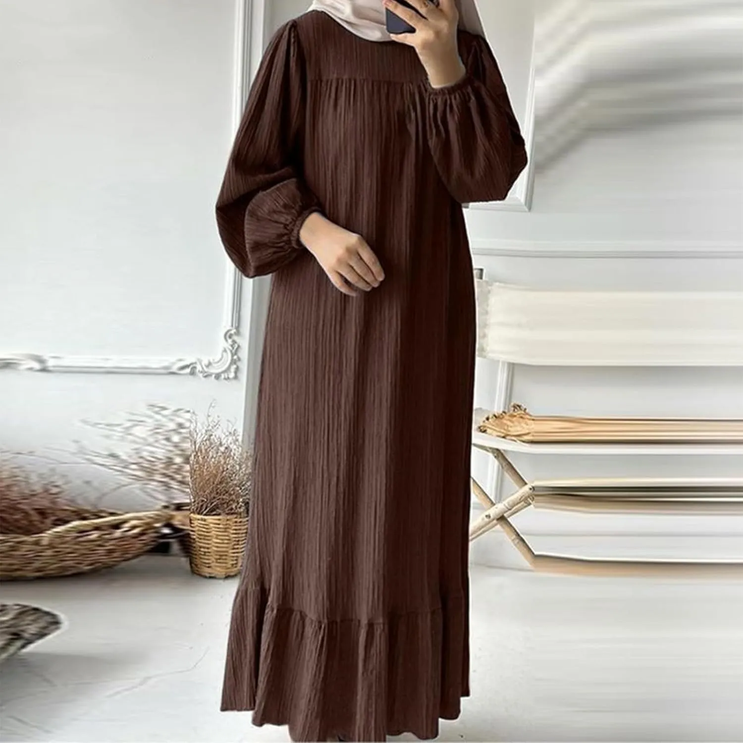Ruffle Hem Muslim Abaya Women Plus Size Crewneck Long Sleeve Maxi Dress Arabian Dubai Islamic Robe Without Headscarf