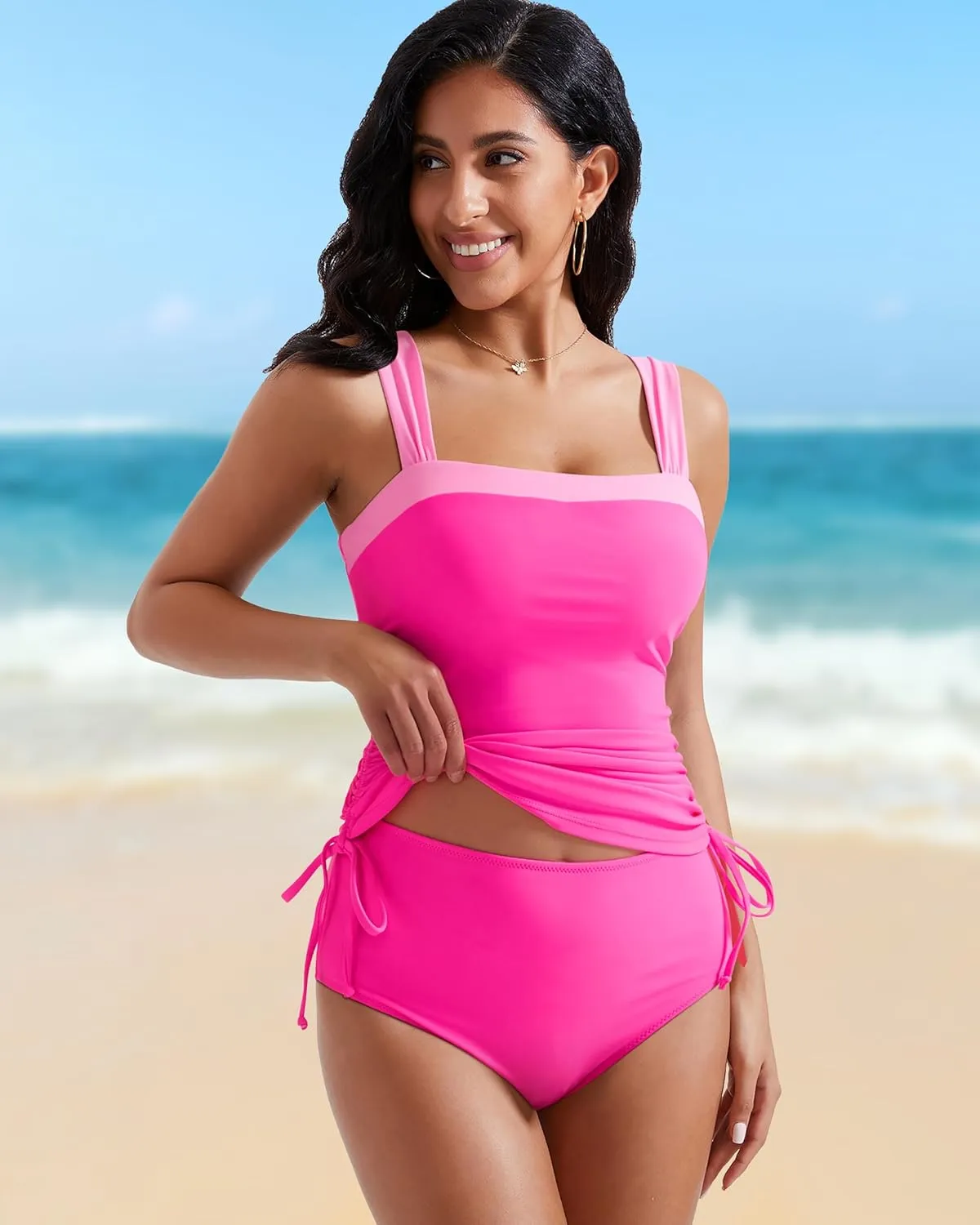 RXRXCOCO Women Tankini Bathing Suits Tummy Control Ruched Swimsuits Colorblock Drawstring Swimwear