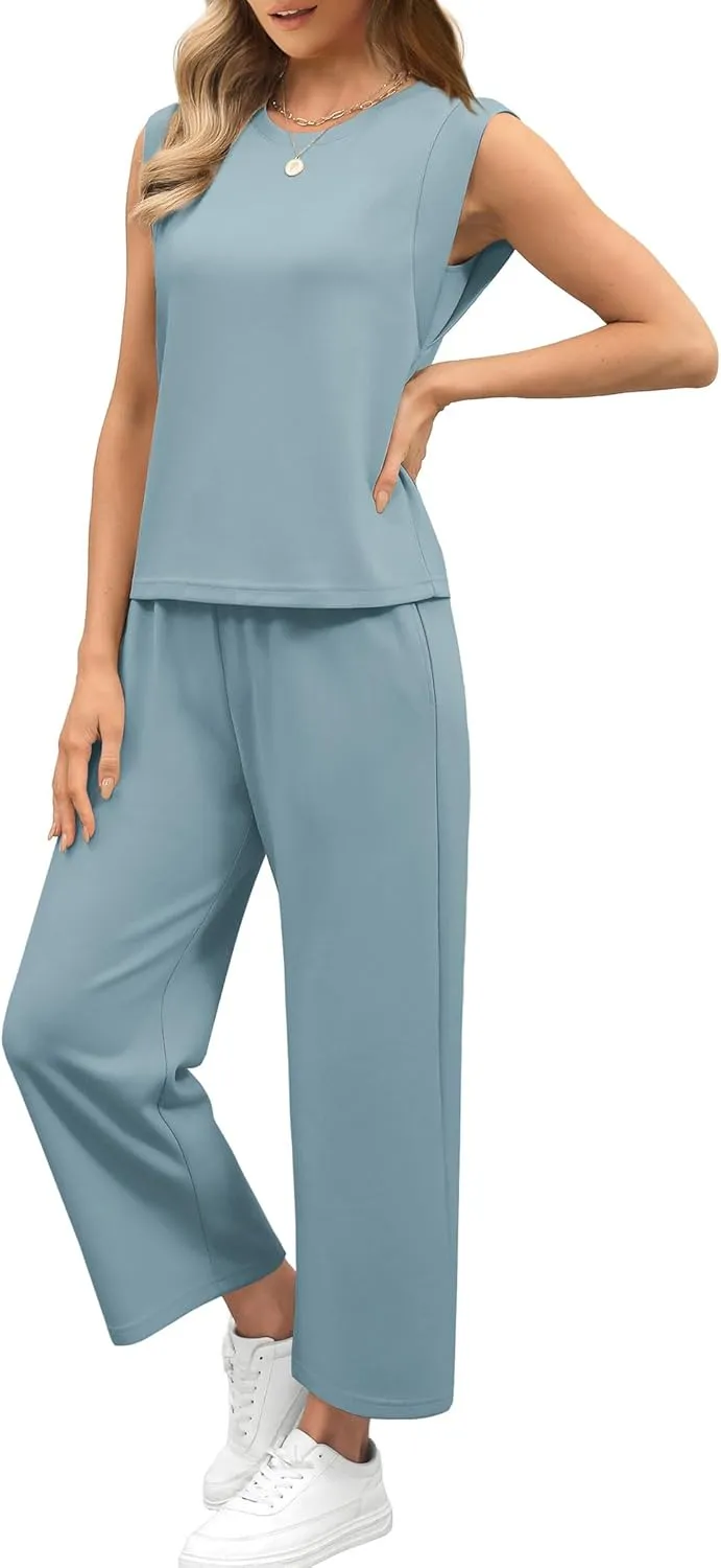 SAMPEEL Two Piece Sets for Women Casual Travel Vacation Outfits Summer Wide Leg Crop Pants Lounge Sets