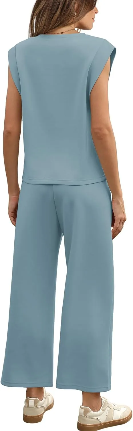 SAMPEEL Two Piece Sets for Women Casual Travel Vacation Outfits Summer Wide Leg Crop Pants Lounge Sets