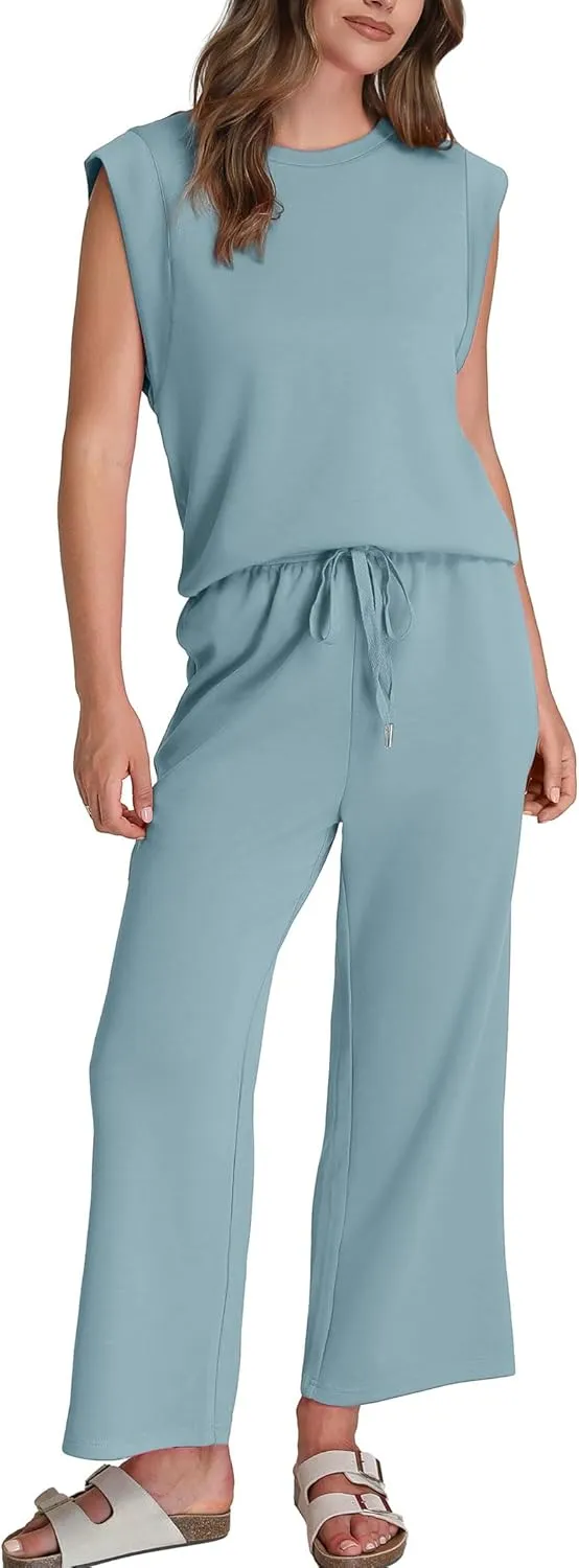 SAMPEEL Two Piece Sets for Women Casual Travel Vacation Outfits Summer Wide Leg Crop Pants Lounge Sets