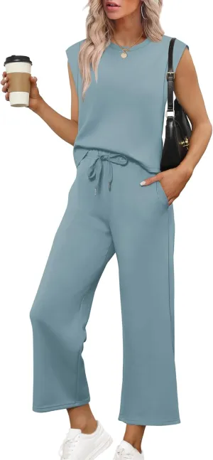 SAMPEEL Two Piece Sets for Women Casual Travel Vacation Outfits Summer Wide Leg Crop Pants Lounge Sets