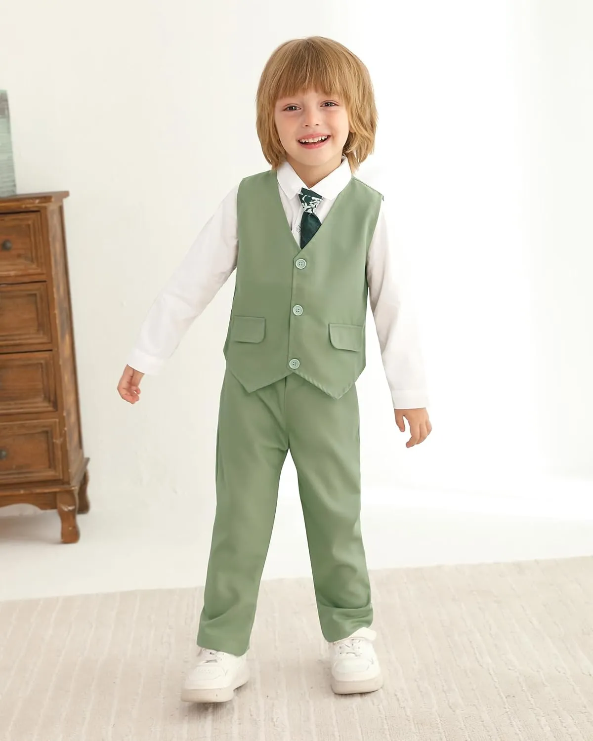 SANMIO Boy Suit Toddler Boys Formal Dress Outfit Shirt Printed Tie Vest Pants Baby Tuxedo Boys Wedding Clothes