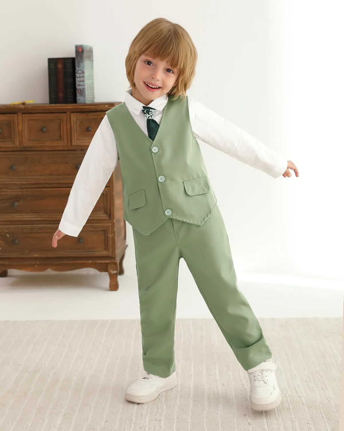 SANMIO Boy Suit Toddler Boys Formal Dress Outfit Shirt Printed Tie Vest Pants Baby Tuxedo Boys Wedding Clothes