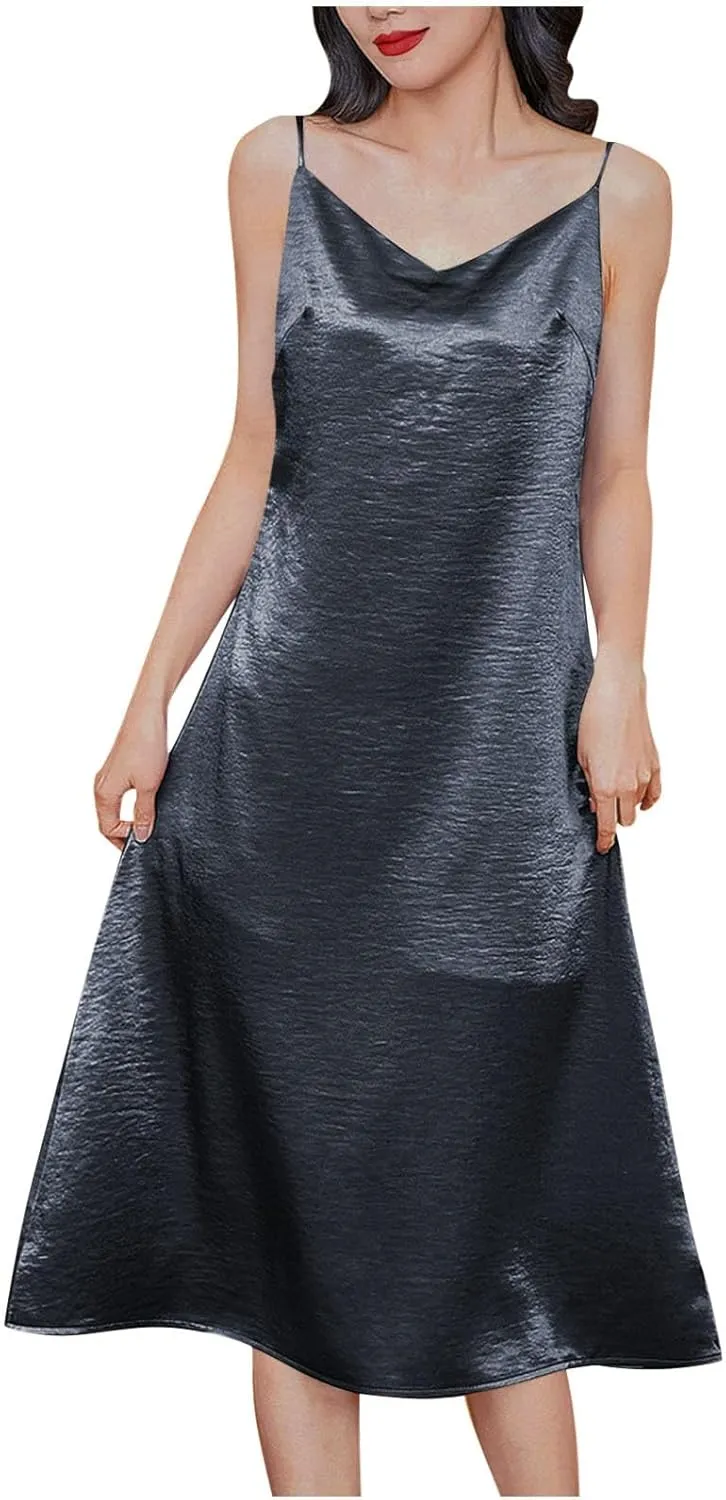 Satin Silk Midi Dress for Women Spaghetti Strap Cowl Neck Dresses Casual Fashion Ruched Evening Party Cocktail Dress