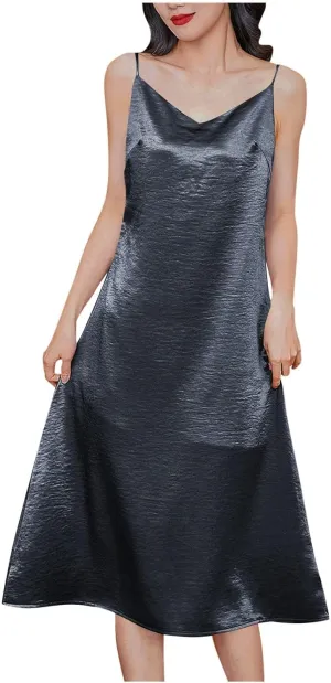 Satin Silk Midi Dress for Women Spaghetti Strap Cowl Neck Dresses Casual Fashion Ruched Evening Party Cocktail Dress