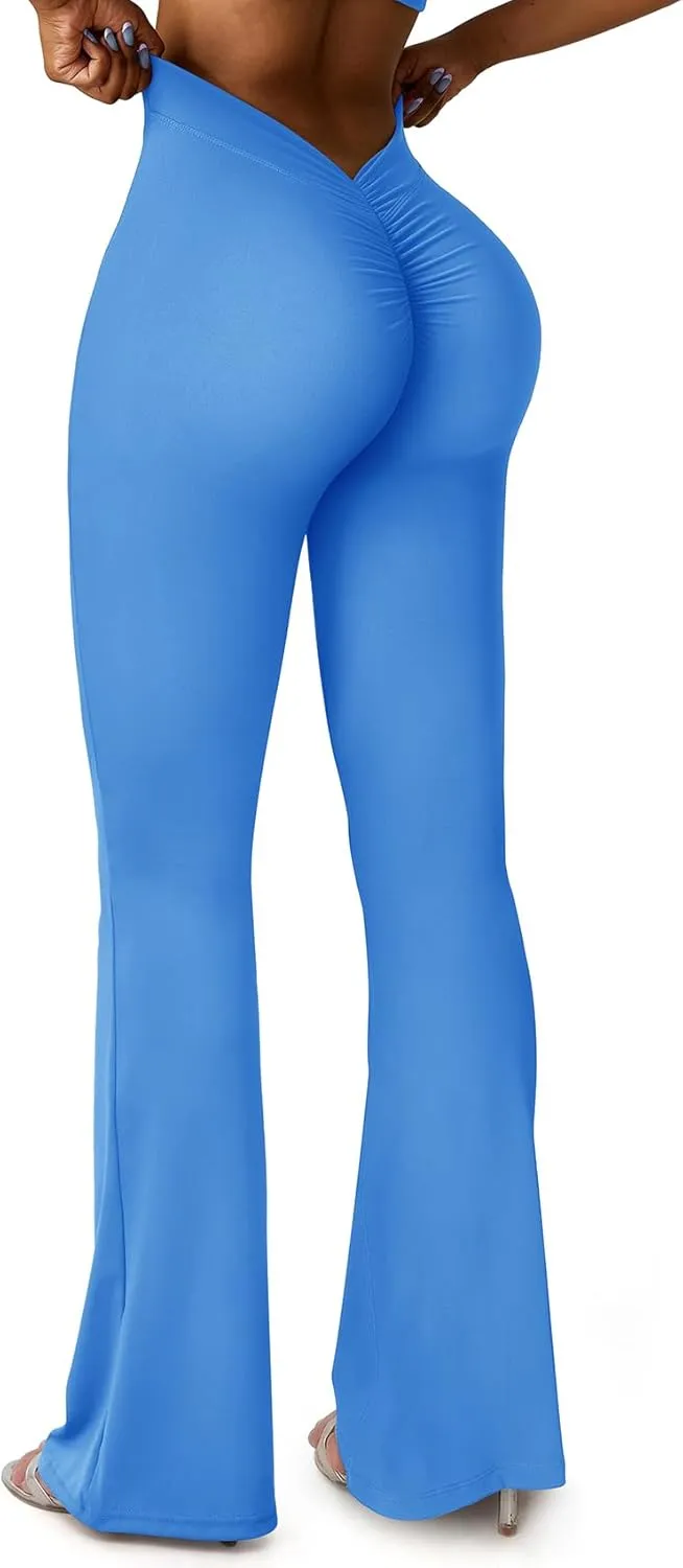 SEASUM V Back Scrunch Butt Flare Leggings for Women Waist Cut Shaped Ruched Bell Bottom Wide Leg Bootcut Yoga Pants