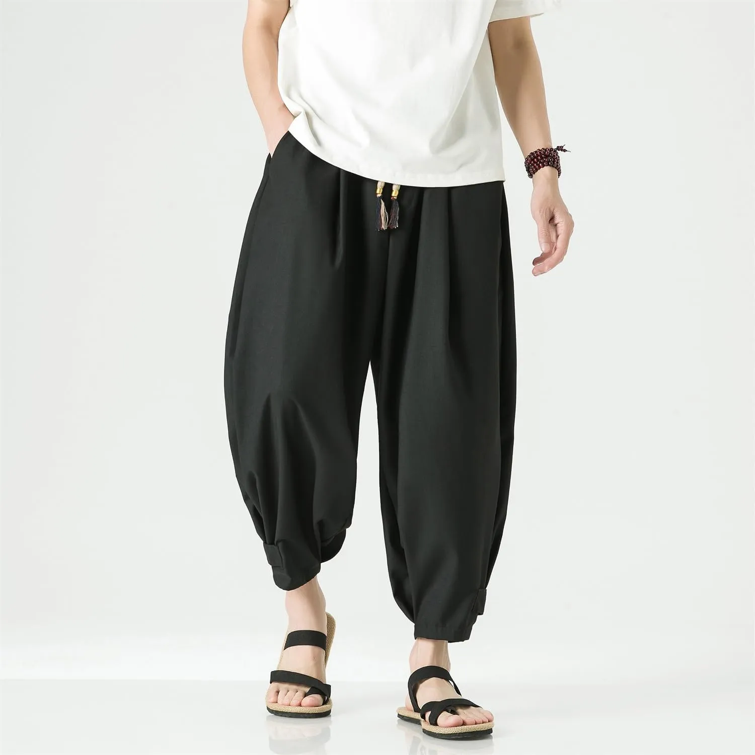 Seidarise Men's Cotton Linen Harem Pants Casual Loose Hippie Yoga Beach Pants
