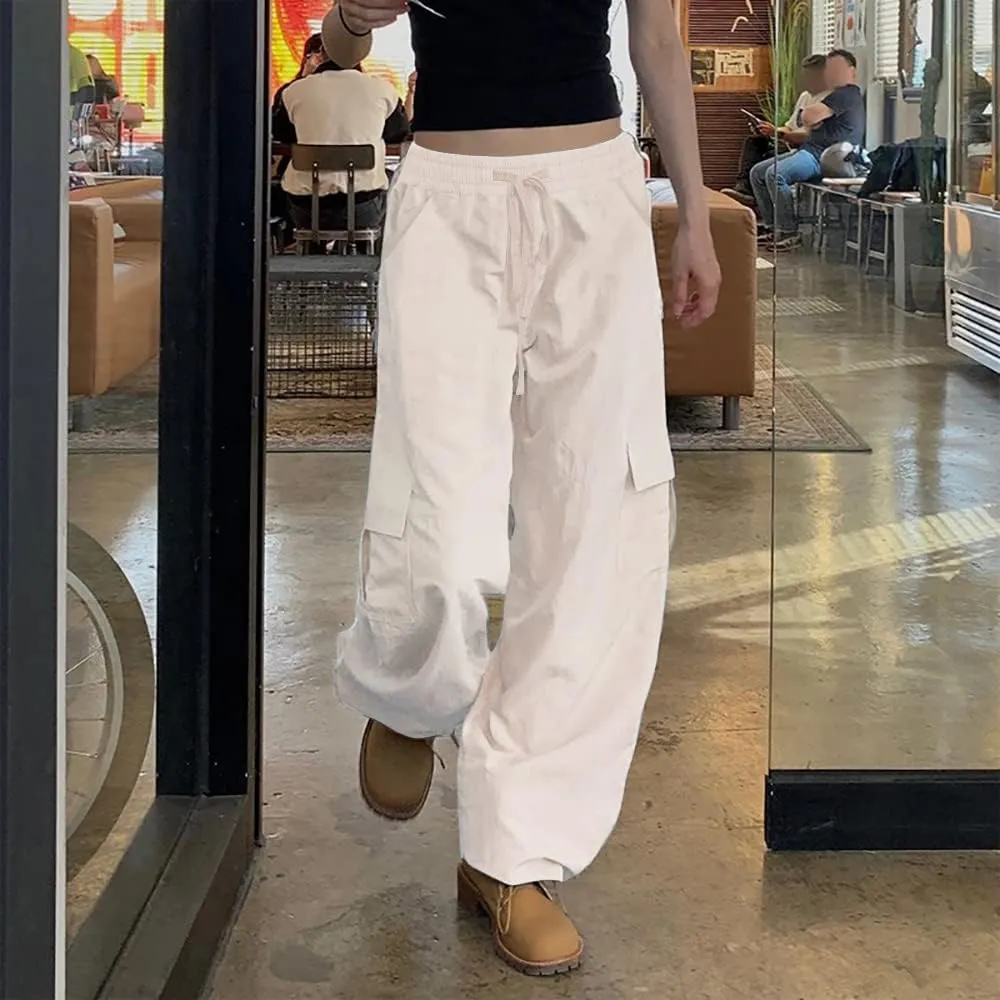 SESERAGI Parachute Pants Cargo Pants Women Baggy Streetwear Y2K Drawstring Trousers Wide Leg Pants