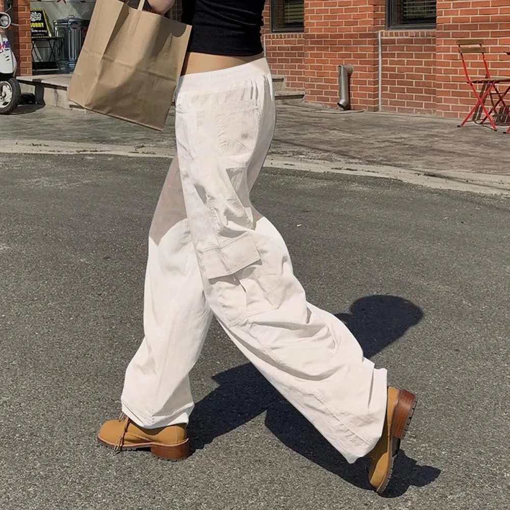 SESERAGI Parachute Pants Cargo Pants Women Baggy Streetwear Y2K Drawstring Trousers Wide Leg Pants
