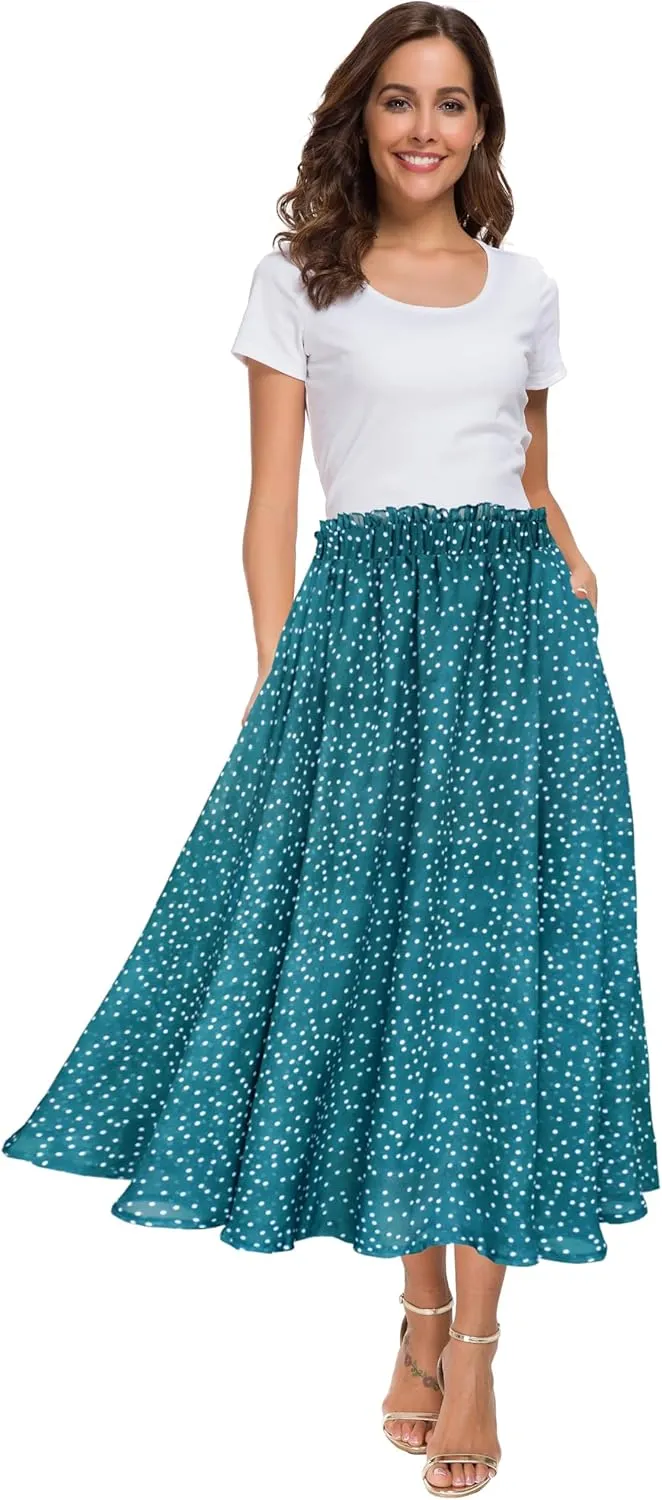 Sinono Women Elastic High Waist A Line Floral Print Swing Chiffon Beach Midi Long Skirt with Pockets
