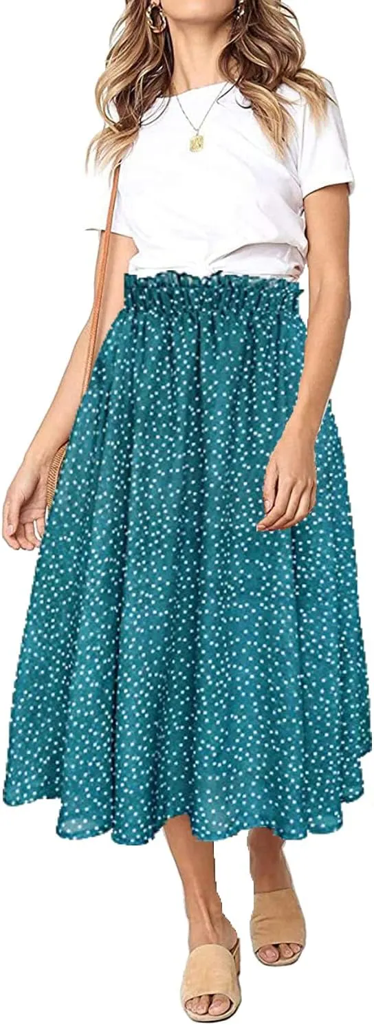 Sinono Women Elastic High Waist A Line Floral Print Swing Chiffon Beach Midi Long Skirt with Pockets