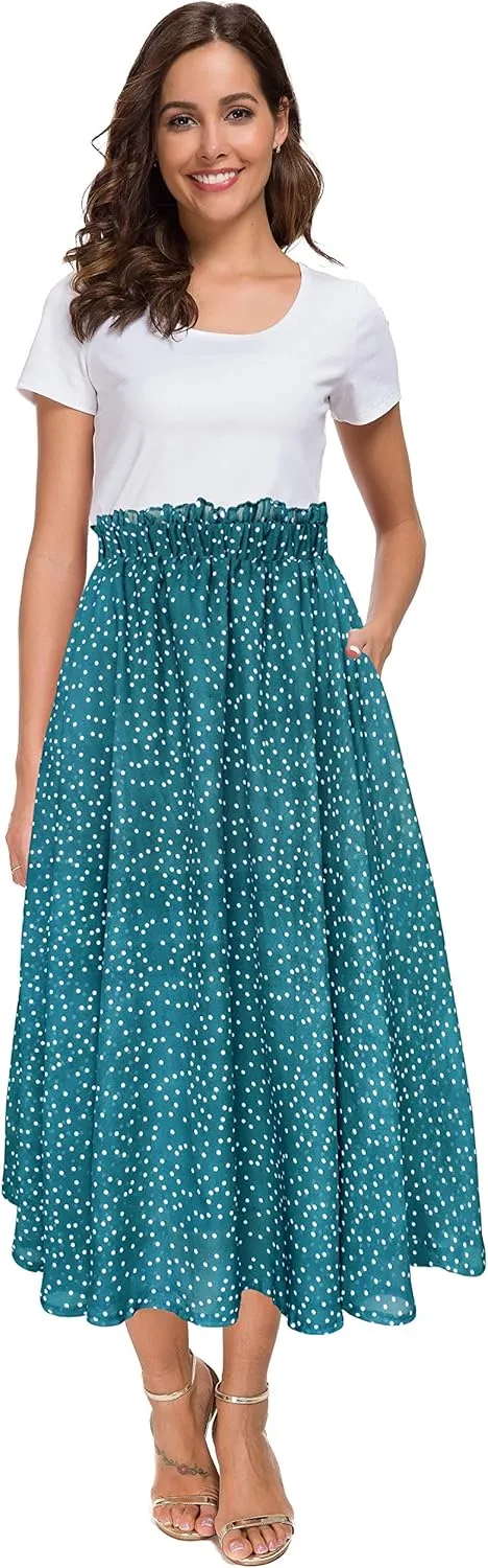 Sinono Women Elastic High Waist A Line Floral Print Swing Chiffon Beach Midi Long Skirt with Pockets