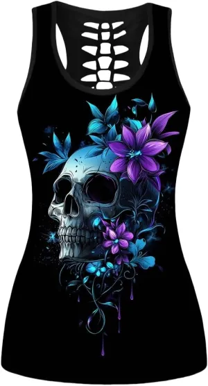 Sister Amy Women's Skull Print Hollow Out T-Shirt Crew Neck Plus Size Tank Top