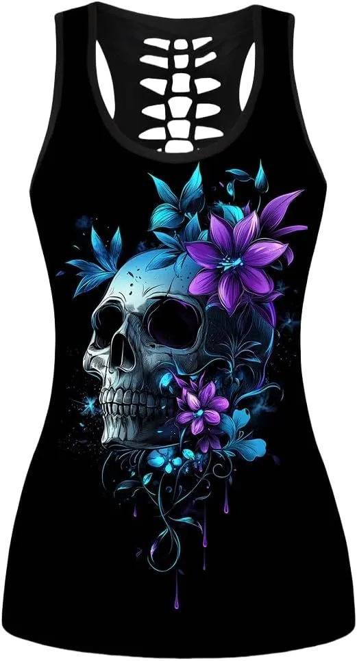 Sister Amy Women's Skull Print Hollow Out T-Shirt Crew Neck Plus Size Tank Top