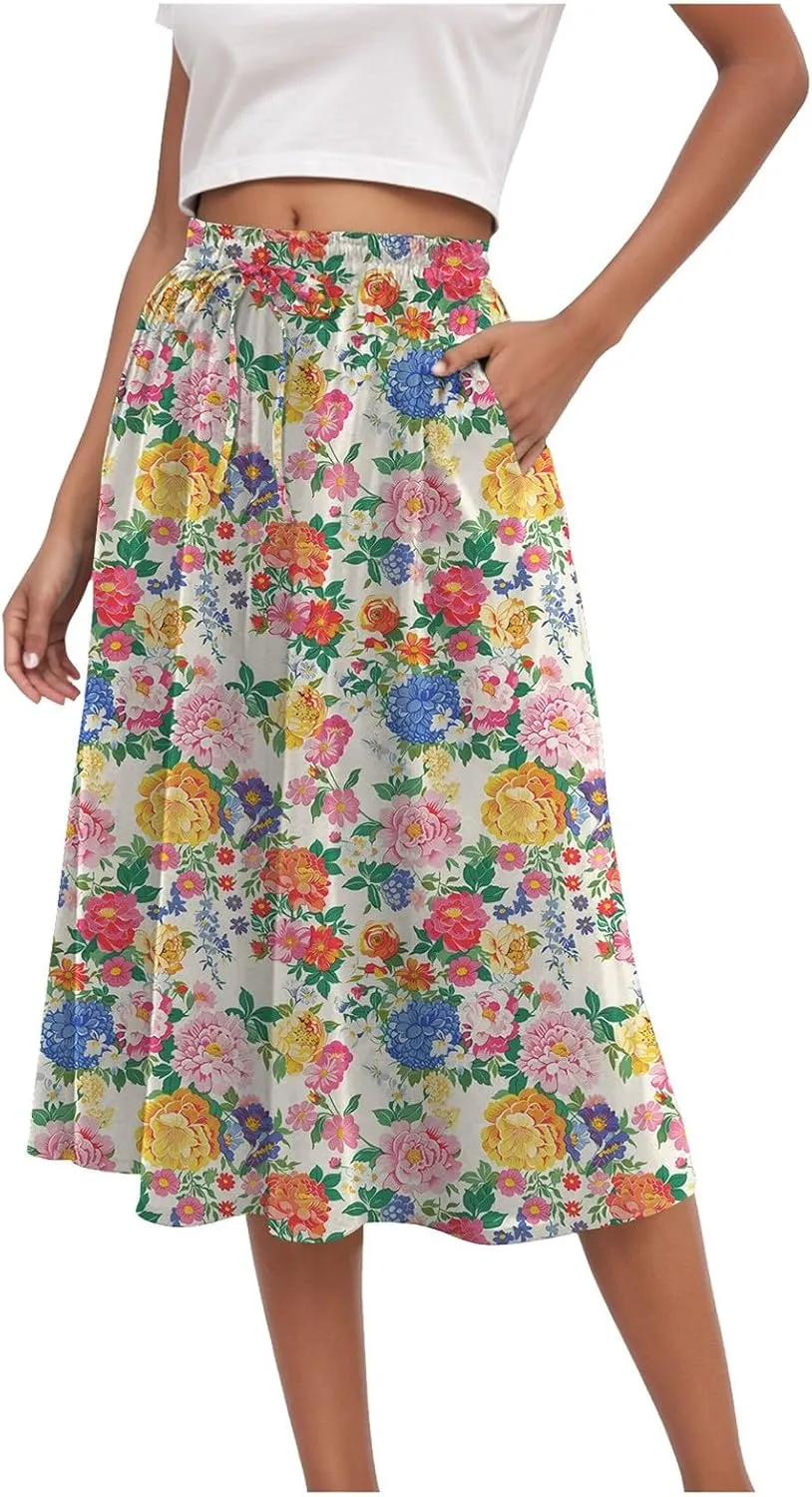 Skirts for Women Spring Summer Boho Floral Print High Waist Flowy Split A Line Midi Skirt with Pockets