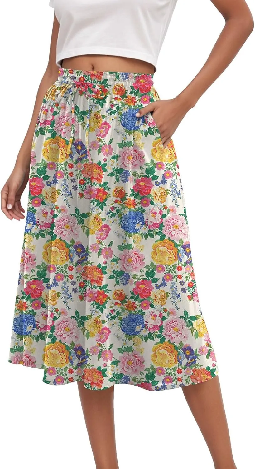 Skirts for Women Spring Summer Boho Floral Print High Waist Flowy Split A Line Midi Skirt with Pockets