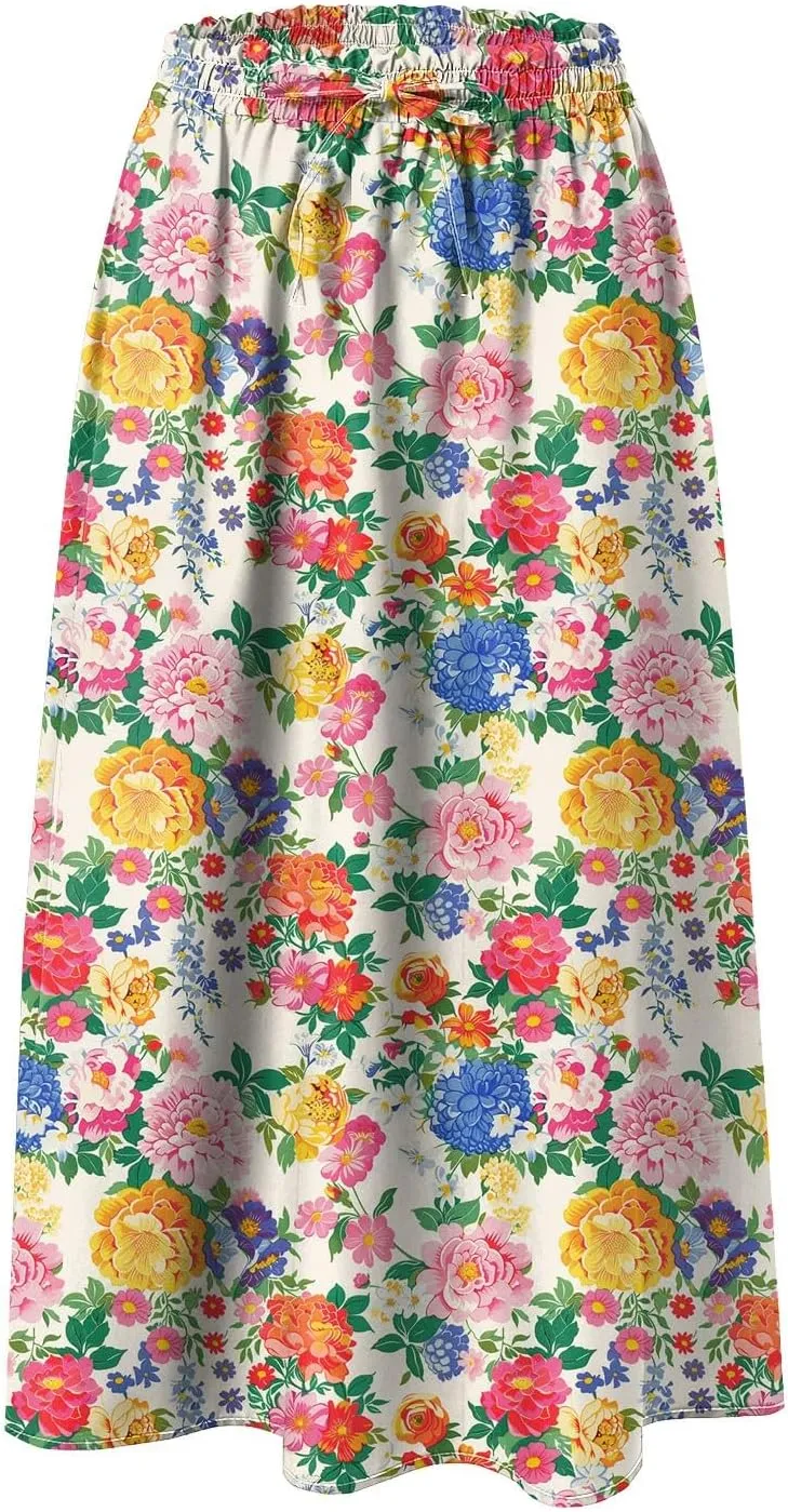 Skirts for Women Spring Summer Boho Floral Print High Waist Flowy Split A Line Midi Skirt with Pockets