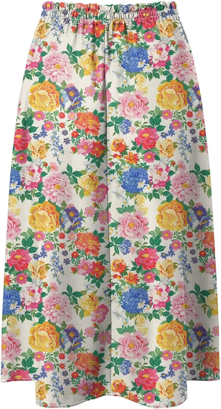 Skirts for Women Spring Summer Boho Floral Print High Waist Flowy Split A Line Midi Skirt with Pockets