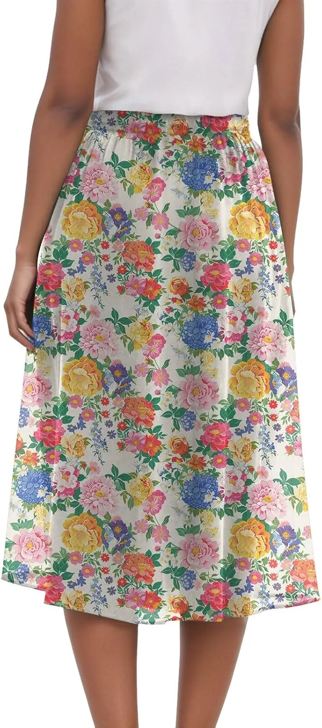 Skirts for Women Spring Summer Boho Floral Print High Waist Flowy Split A Line Midi Skirt with Pockets
