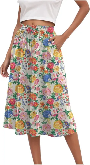 Skirts for Women Spring Summer Boho Floral Print High Waist Flowy Split A Line Midi Skirt with Pockets