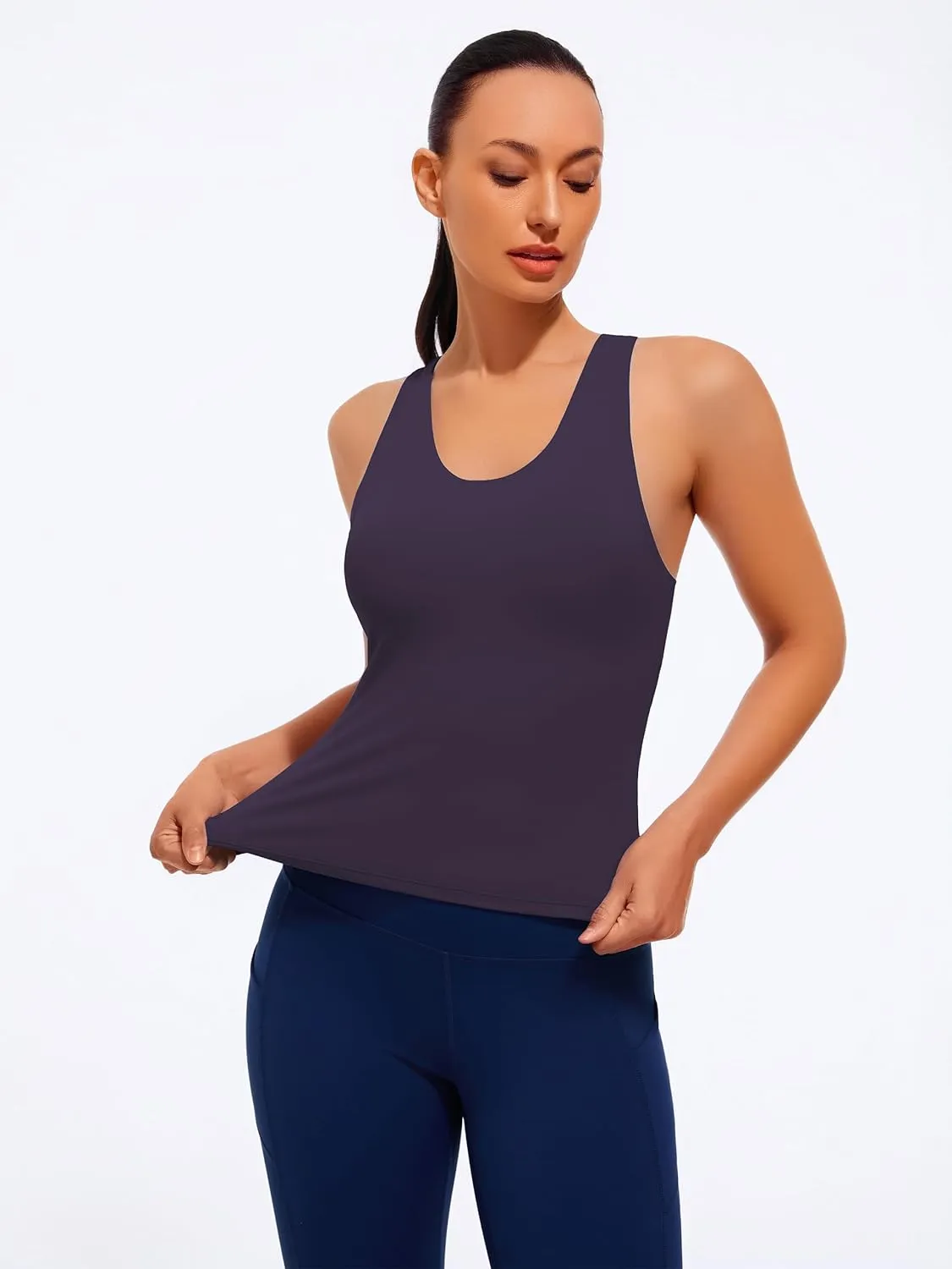 Smooth Workout Tank Top with Built-in Bra for Women Cross Back Athletic Yoga Tops Stretchy Sports Camisole for Gym Pilates