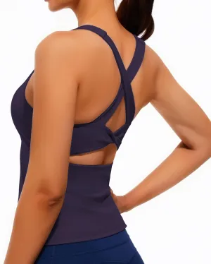 Smooth Workout Tank Top with Built-in Bra for Women Cross Back Athletic Yoga Tops Stretchy Sports Camisole for Gym Pilates