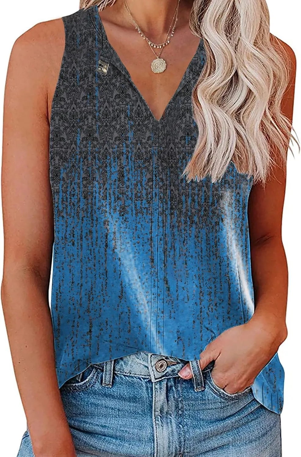 Soesdemo Tank Top for Women Keyhole V Neck Sleeveless Summer Casual Loose Fit Business Cute Floral Basic Shirt Blouse