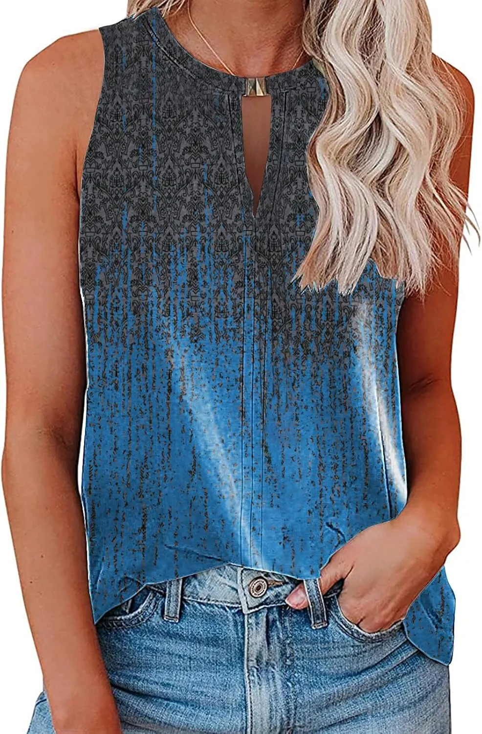 Soesdemo Tank Top for Women Keyhole V Neck Sleeveless Summer Casual Loose Fit Business Cute Floral Basic Shirt Blouse