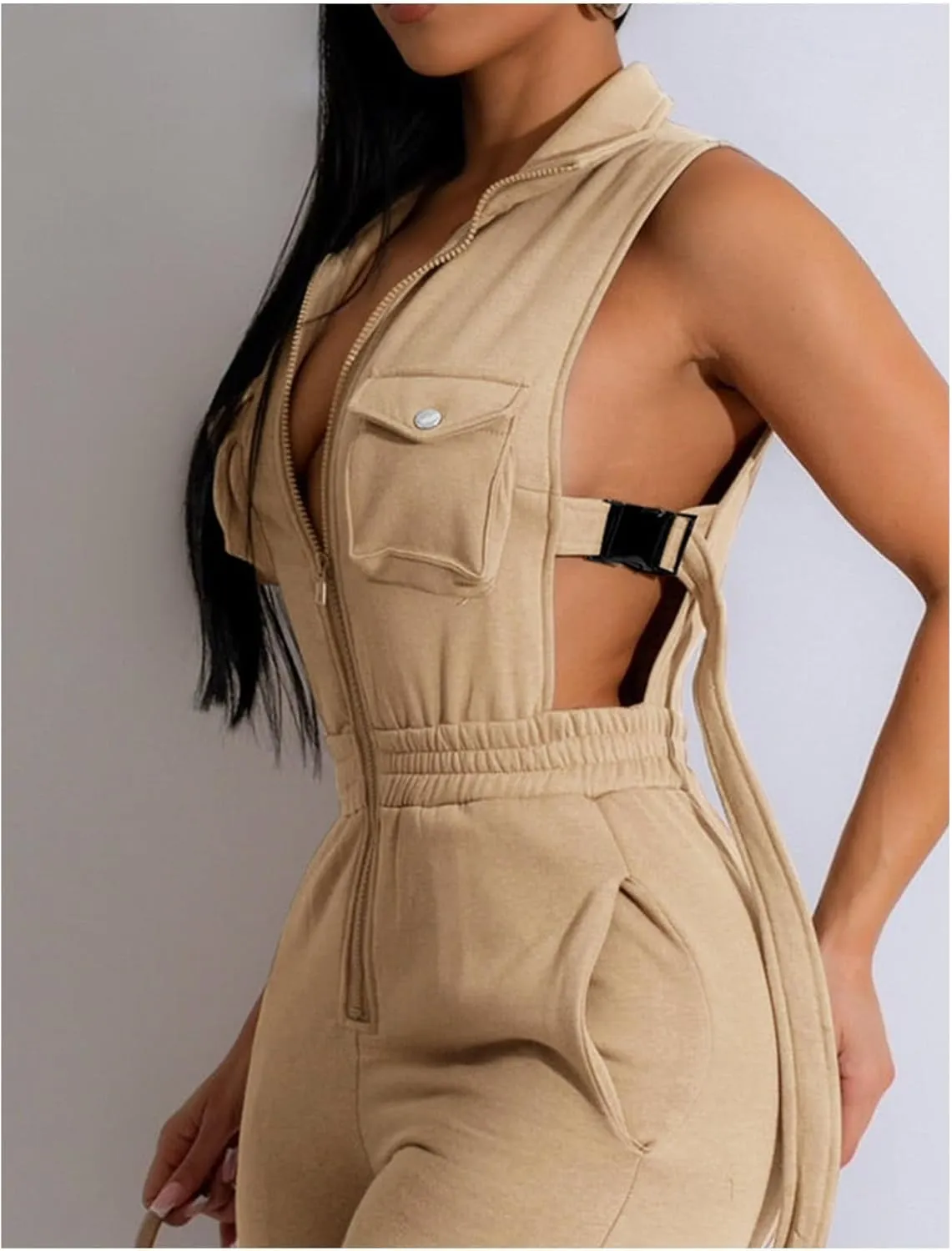 SOMTHRON Women's Sexy Cargo Jumpsuits Lapel Zip up Sleeveless Elastic Waist Jogger Pants Hollow Out One Piece Rompers