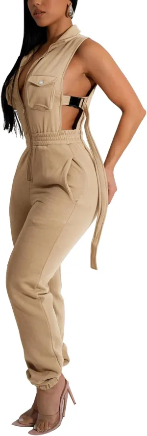 SOMTHRON Women's Sexy Cargo Jumpsuits Lapel Zip up Sleeveless Elastic Waist Jogger Pants Hollow Out One Piece Rompers