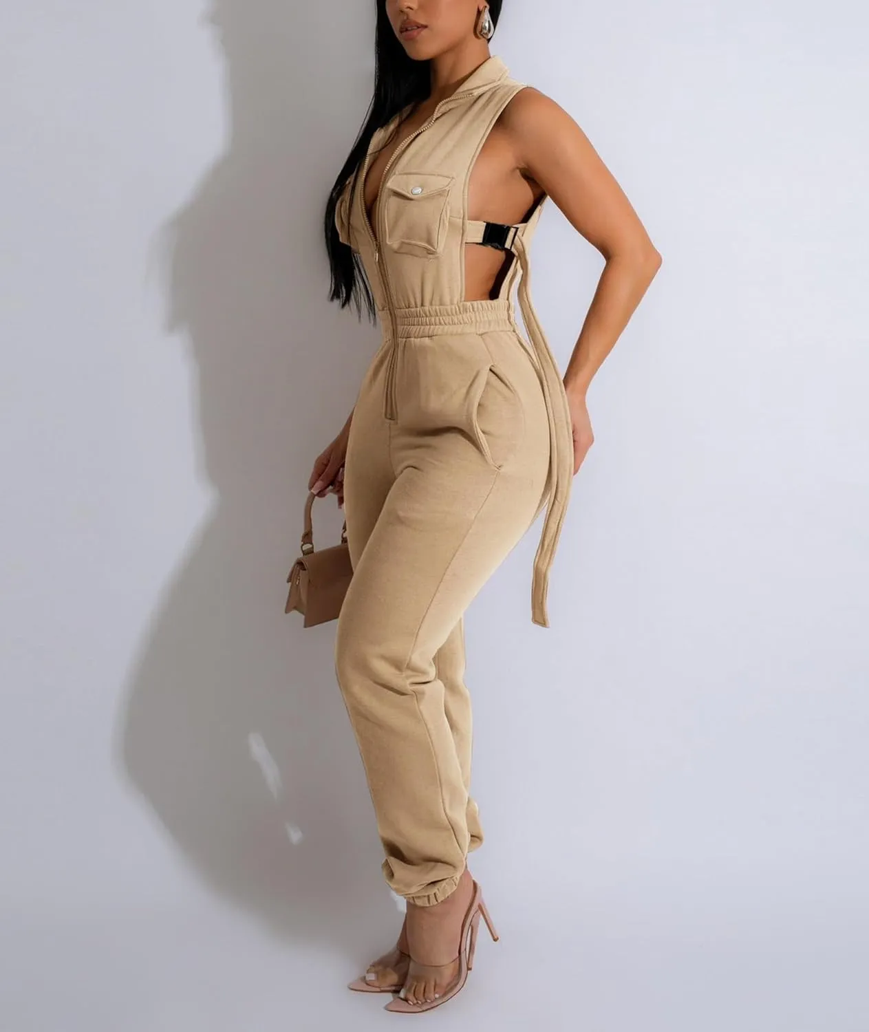 SOMTHRON Women's Sexy Cargo Jumpsuits Lapel Zip up Sleeveless Elastic Waist Jogger Pants Hollow Out One Piece Rompers