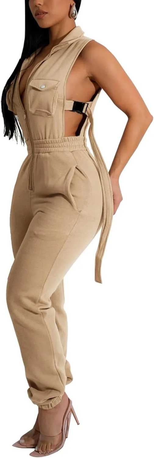 SOMTHRON Women's Sexy Cargo Jumpsuits Lapel Zip up Sleeveless Elastic Waist Jogger Pants Hollow Out One Piece Rompers