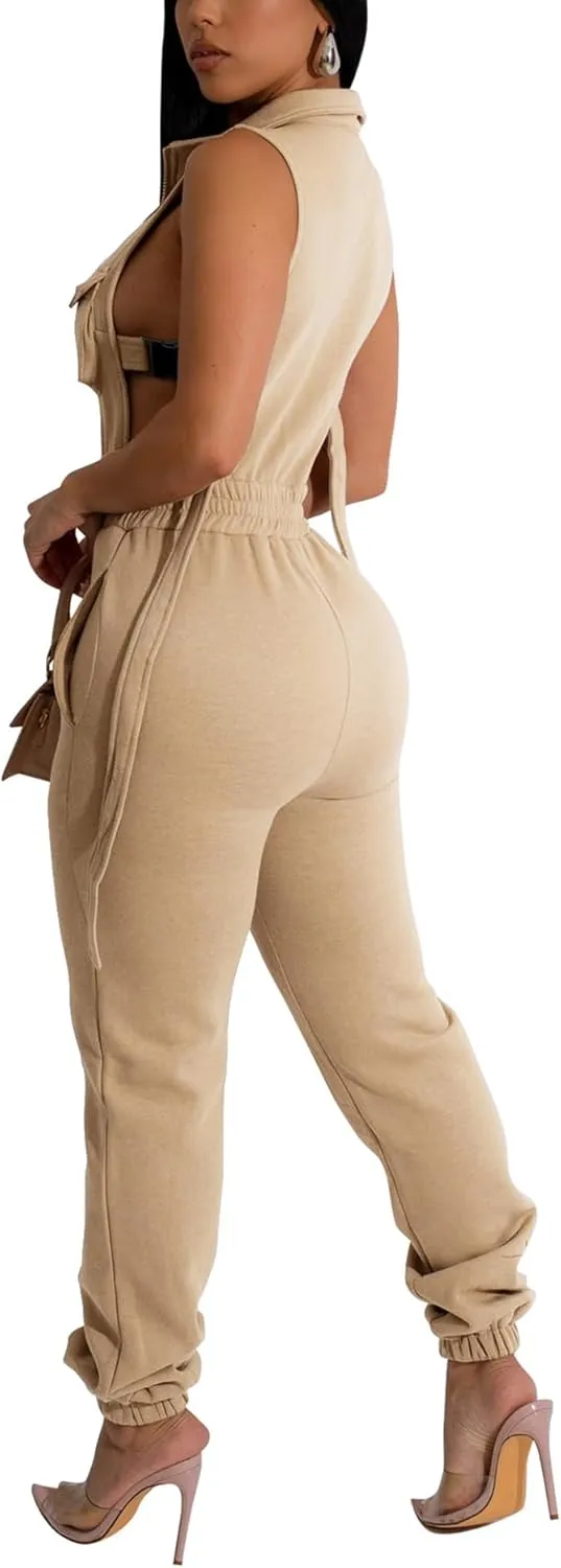 SOMTHRON Women's Sexy Cargo Jumpsuits Lapel Zip up Sleeveless Elastic Waist Jogger Pants Hollow Out One Piece Rompers