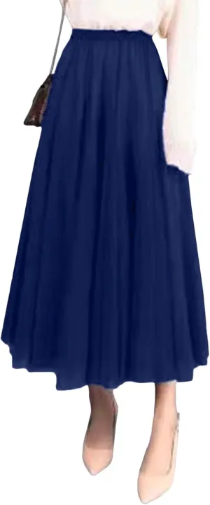 SOMTHRON Women's Tutu Tulle Skirt Elastic High Waist Layered Skirt Plain Mesh A-Line Midi Pleated Skirt