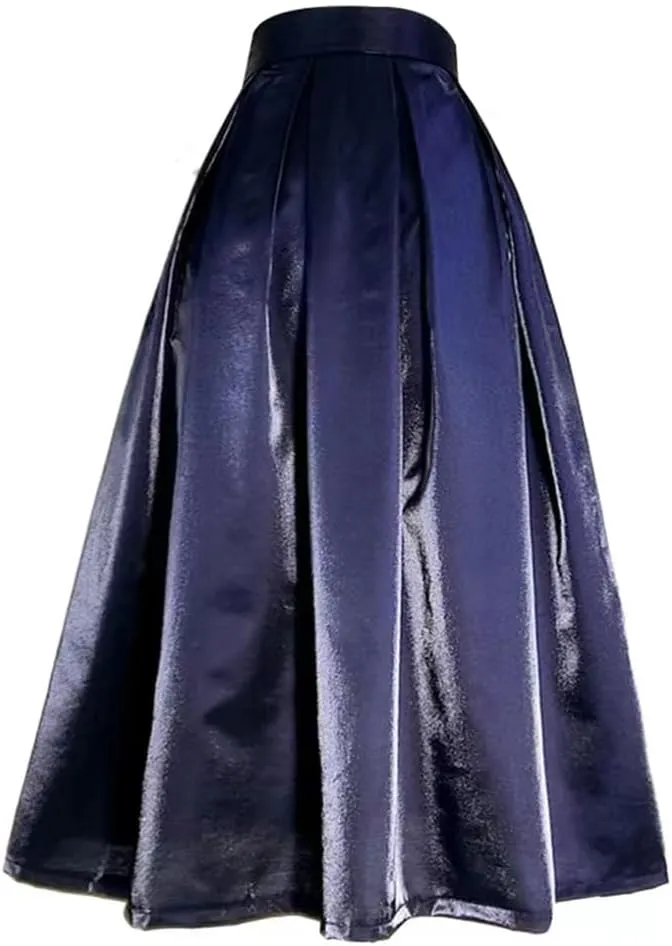 Spring Simple Pastel Candy Color Glittering Purple High Waist Pleated Midi Satin Skirt Birthday Party