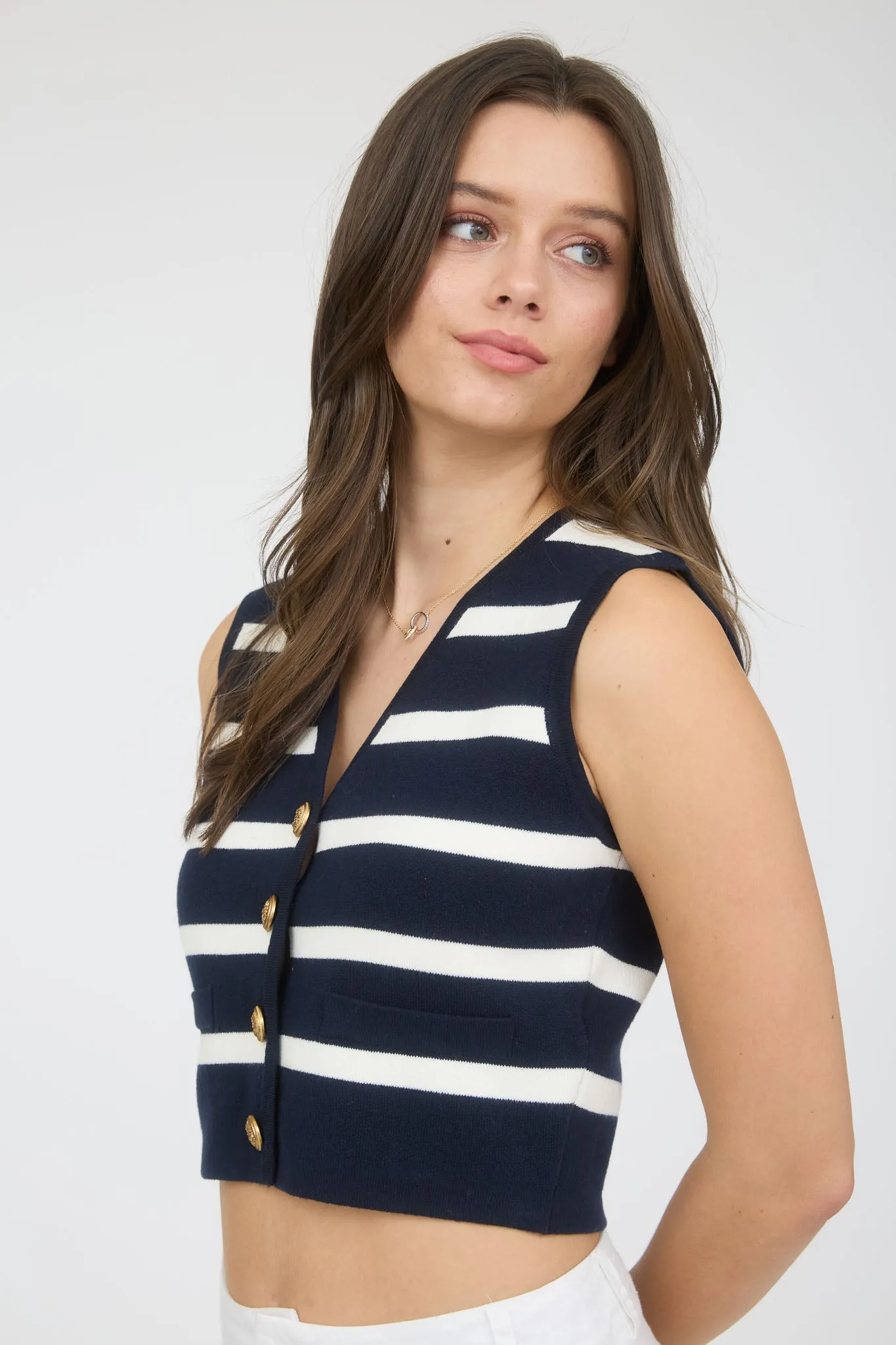 STRIPE GOLD BUTTON CROPPED KNIT SWEATER VEST