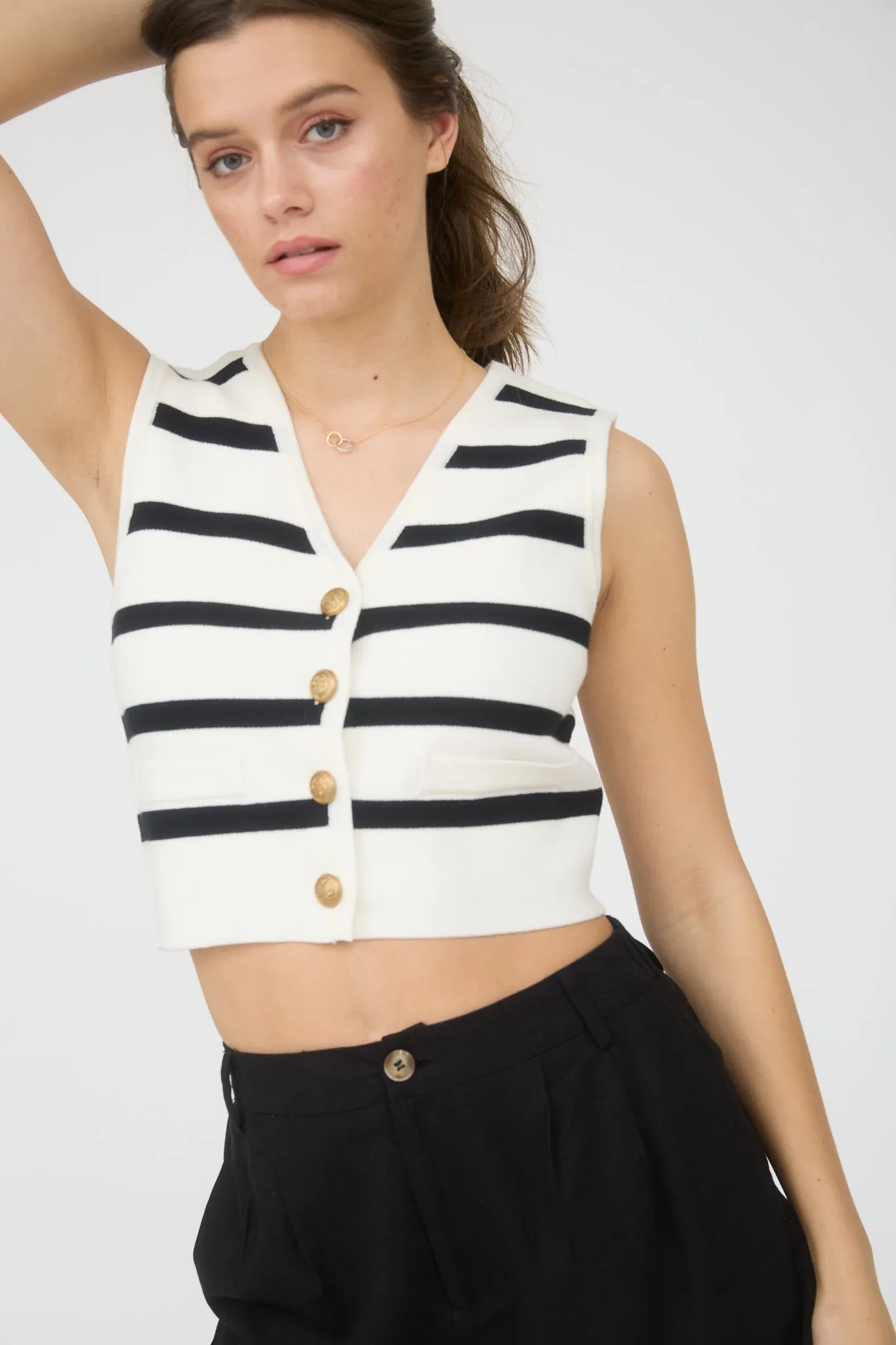 STRIPE GOLD BUTTON CROPPED KNIT SWEATER VEST