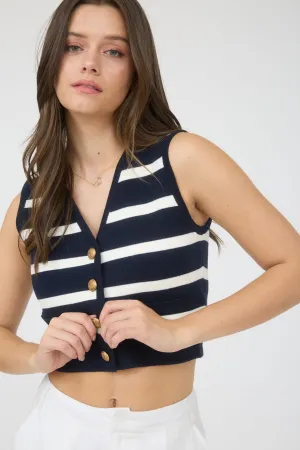 STRIPE GOLD BUTTON CROPPED KNIT SWEATER VEST