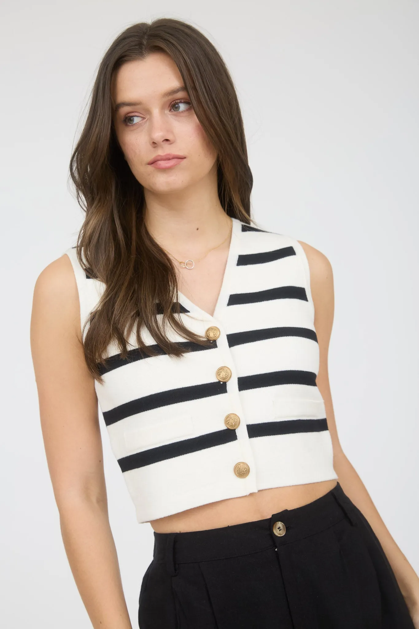 STRIPE GOLD BUTTON CROPPED KNIT SWEATER VEST