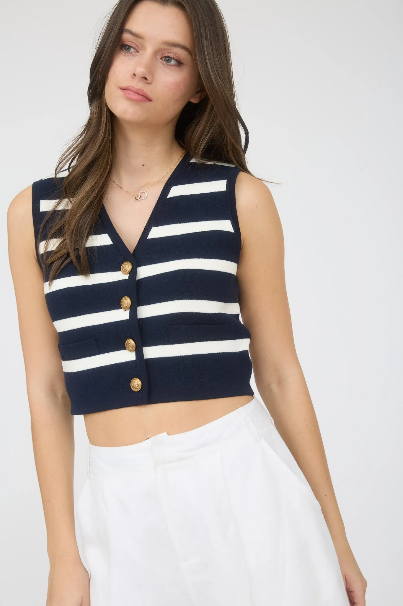 STRIPE GOLD BUTTON CROPPED KNIT SWEATER VEST