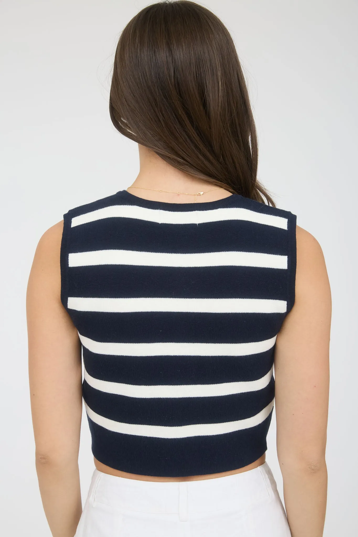 STRIPE GOLD BUTTON CROPPED KNIT SWEATER VEST